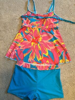 Tankini Womens Bathing Suit Set Tropical Blue Pink Top & Bottoms L
